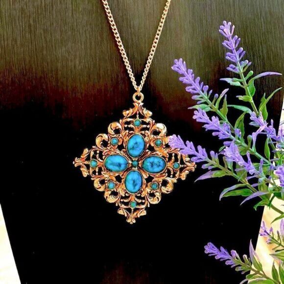 Fabulous Vintage 70’s Faux Turquoise Victorian Revival Pendant - Picture 6 of 8